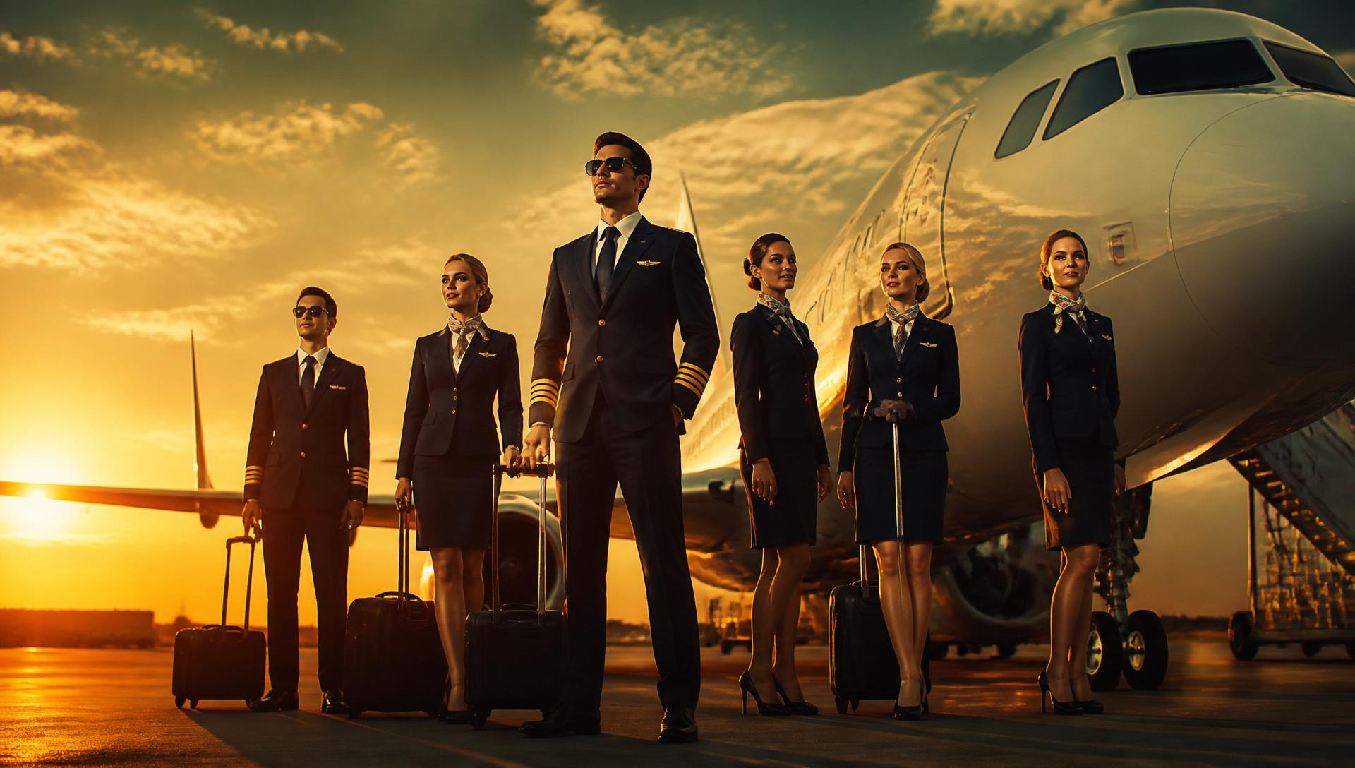 Airline pilots and cabin crew at sunrise on the tarmac